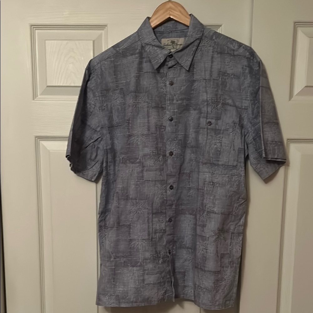Men's Blue & Gray Palm Tree Design Short Sleeve Shirt L NWOT